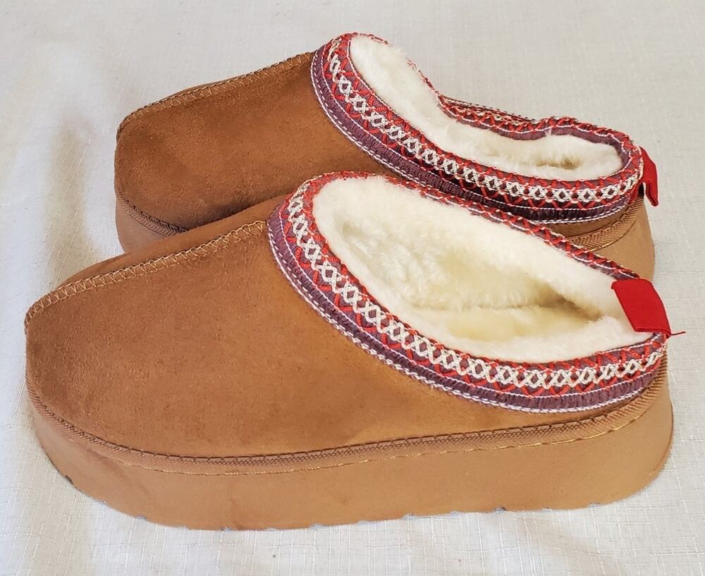 Mule Slippers EU 37 US Womens 6.5 7 Tan Brown Faux Fur Lined Cozy Slip On